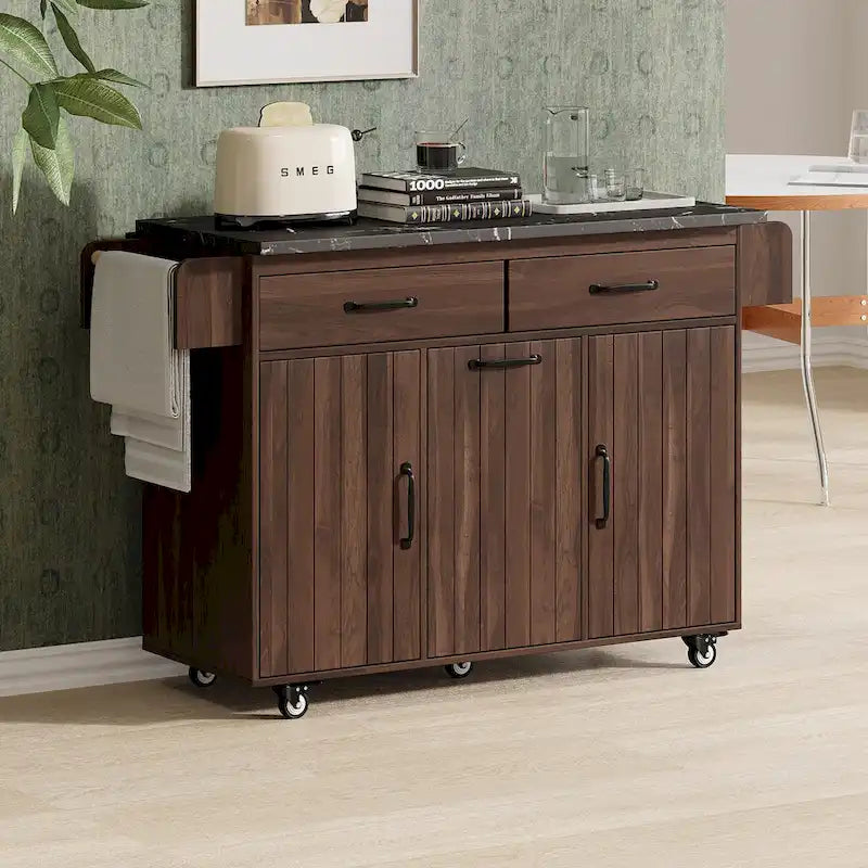 Kitchen Island with Trash Can Storage Cabinet,Kitchen Cart with Drop Leaf