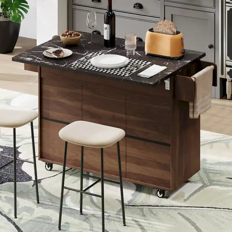 Kitchen Island with Trash Can Storage Cabinet,Kitchen Cart with Drop Leaf