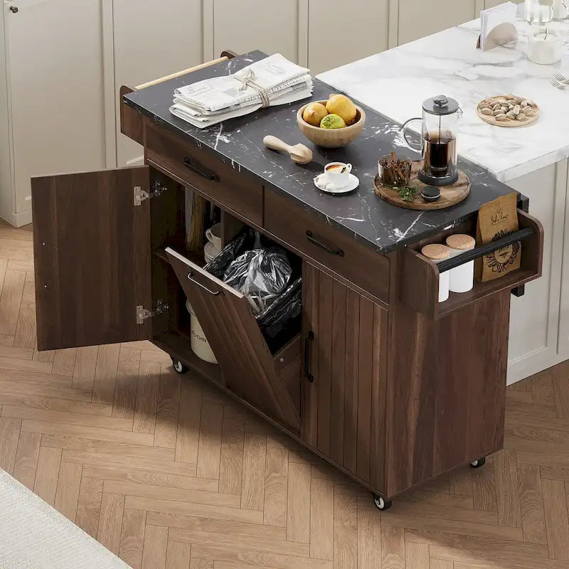 Kitchen Island with Trash Can Storage Cabinet,Kitchen Cart with Drop Leaf