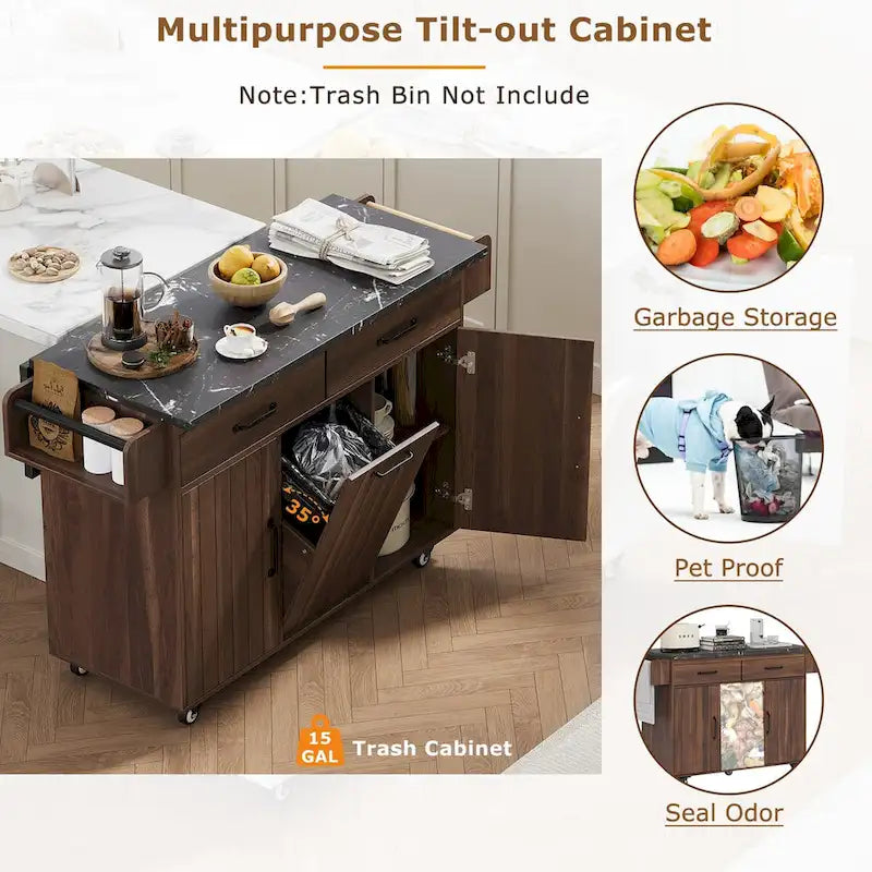 Kitchen Island with Trash Can Storage Cabinet,Kitchen Cart with Drop Leaf