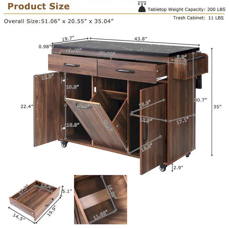 Kitchen Island with Trash Can Storage Cabinet,Kitchen Cart with Drop Leaf