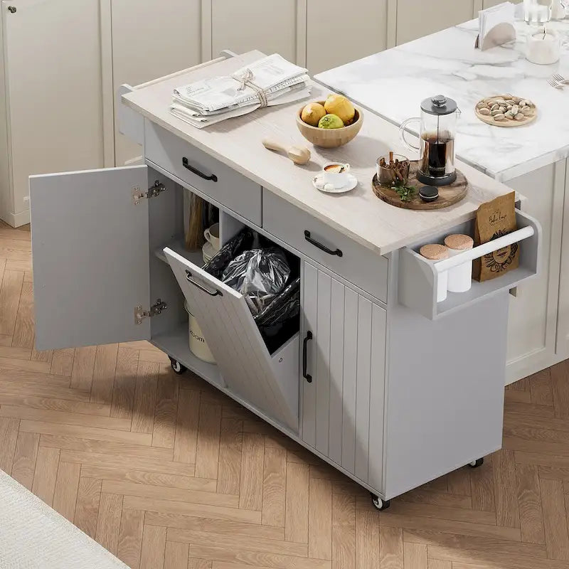 Kitchen Island with Trash Can Storage Cabinet,Kitchen Cart with Drop Leaf
