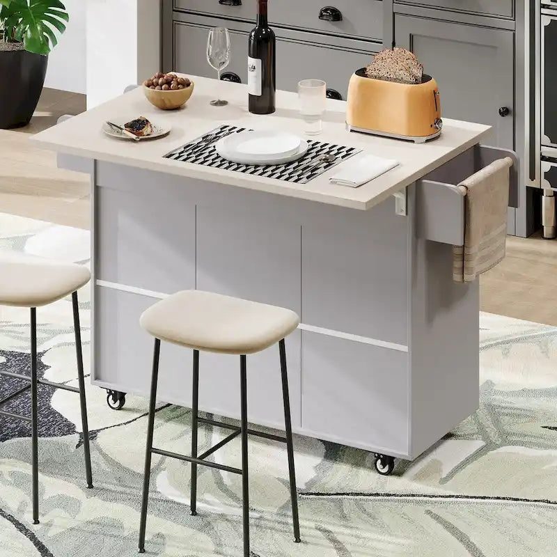 Kitchen Island with Trash Can Storage Cabinet,Kitchen Cart with Drop Leaf