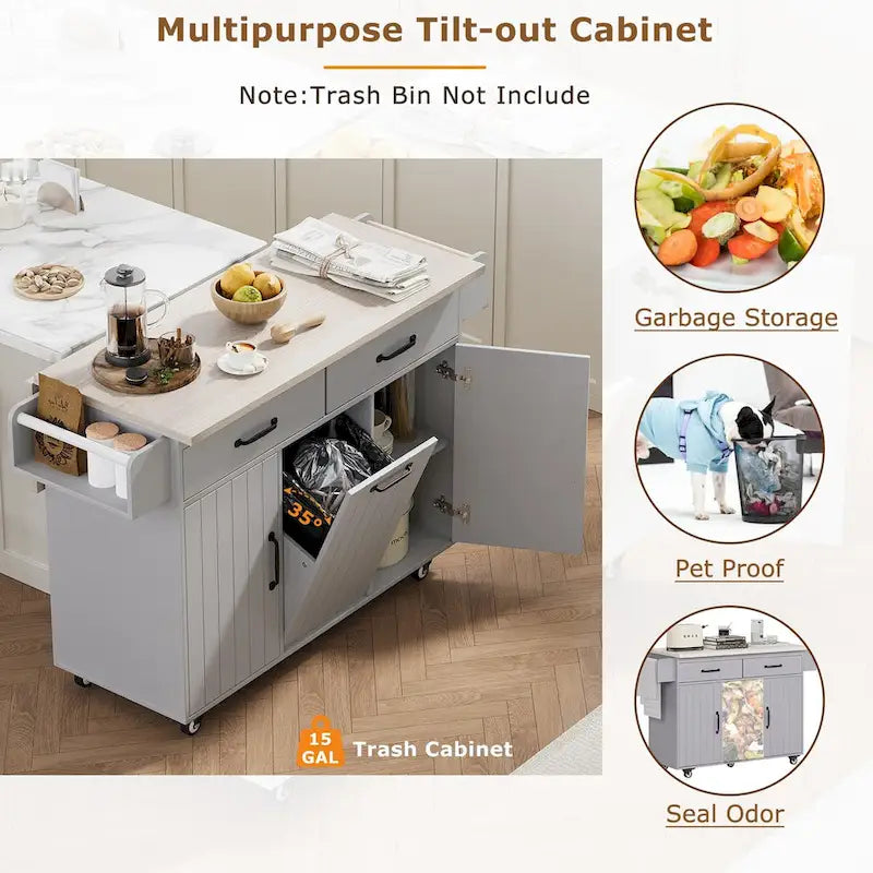Kitchen Island with Trash Can Storage Cabinet,Kitchen Cart with Drop Leaf