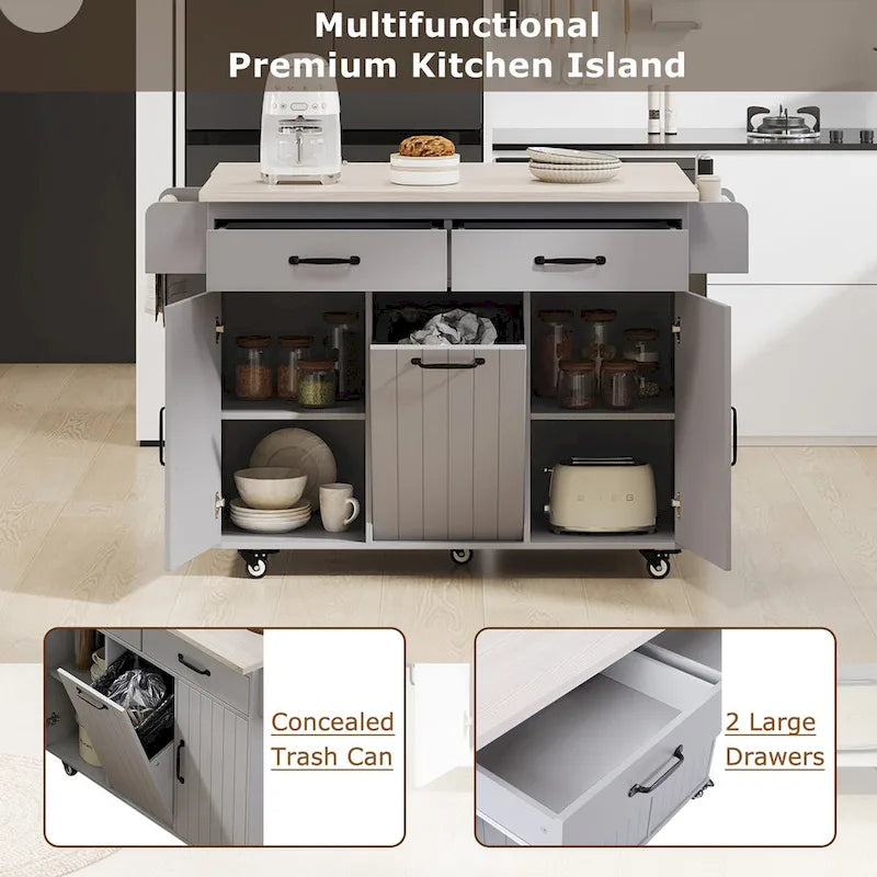 Kitchen Island with Trash Can Storage Cabinet,Kitchen Cart with Drop Leaf