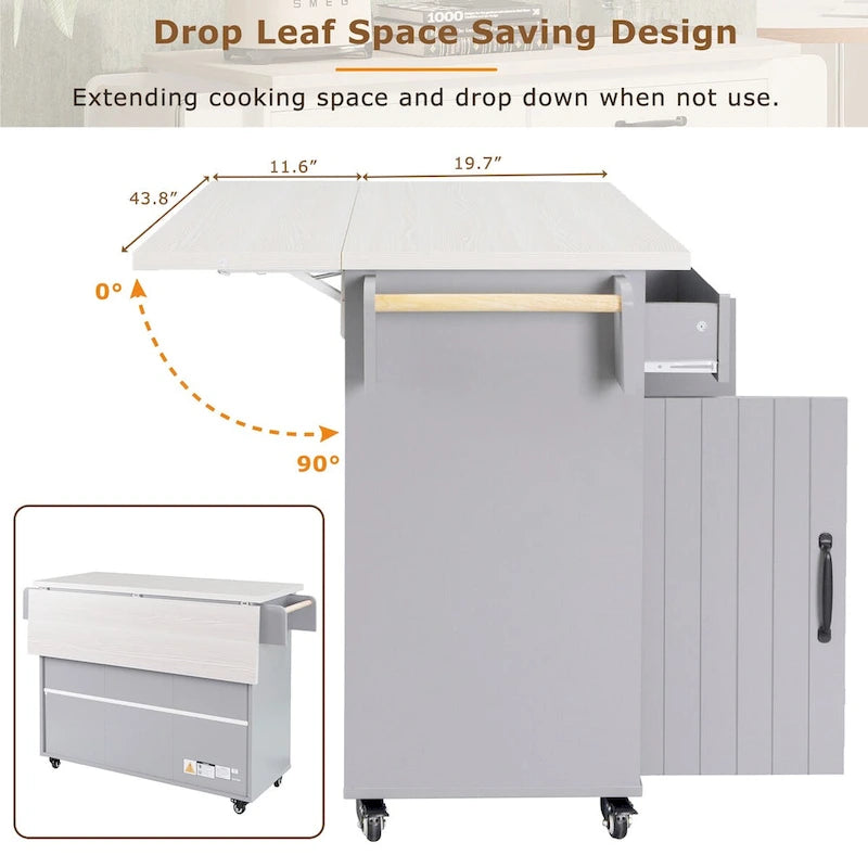 Kitchen Island with Trash Can Storage Cabinet,Kitchen Cart with Drop Leaf