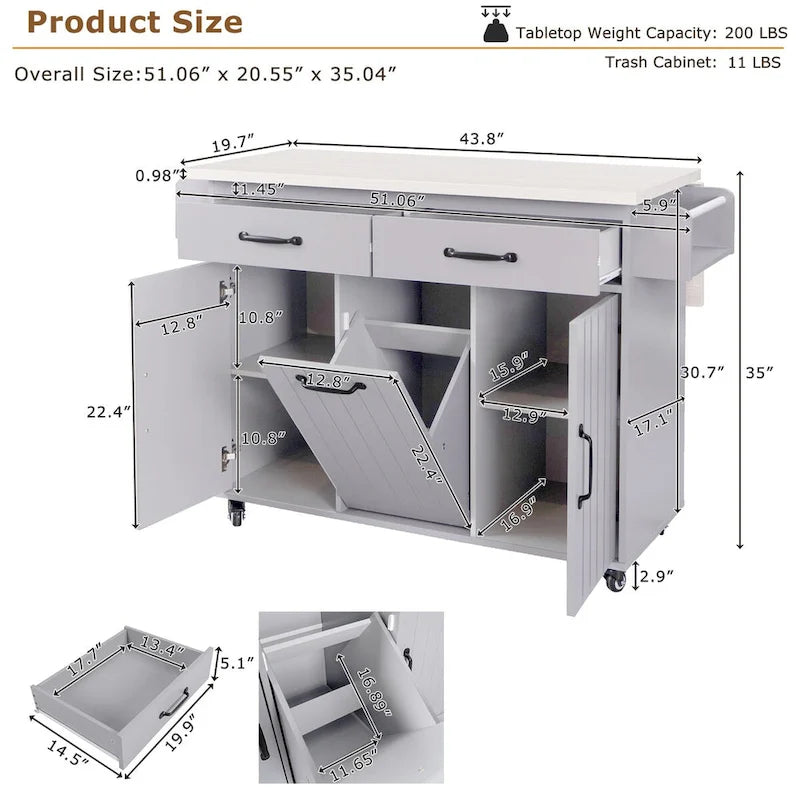 Kitchen Island with Trash Can Storage Cabinet,Kitchen Cart with Drop Leaf