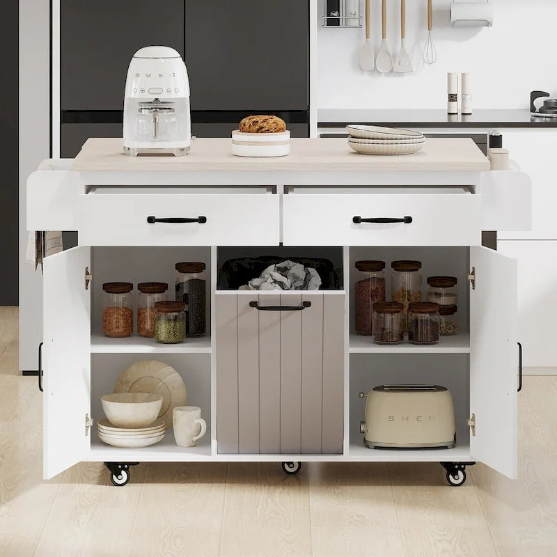 Kitchen Island with Trash Can Storage Cabinet,Kitchen Cart with Drop Leaf