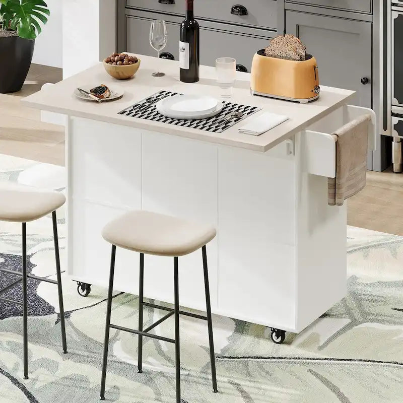 Kitchen Island with Trash Can Storage Cabinet,Kitchen Cart with Drop Leaf