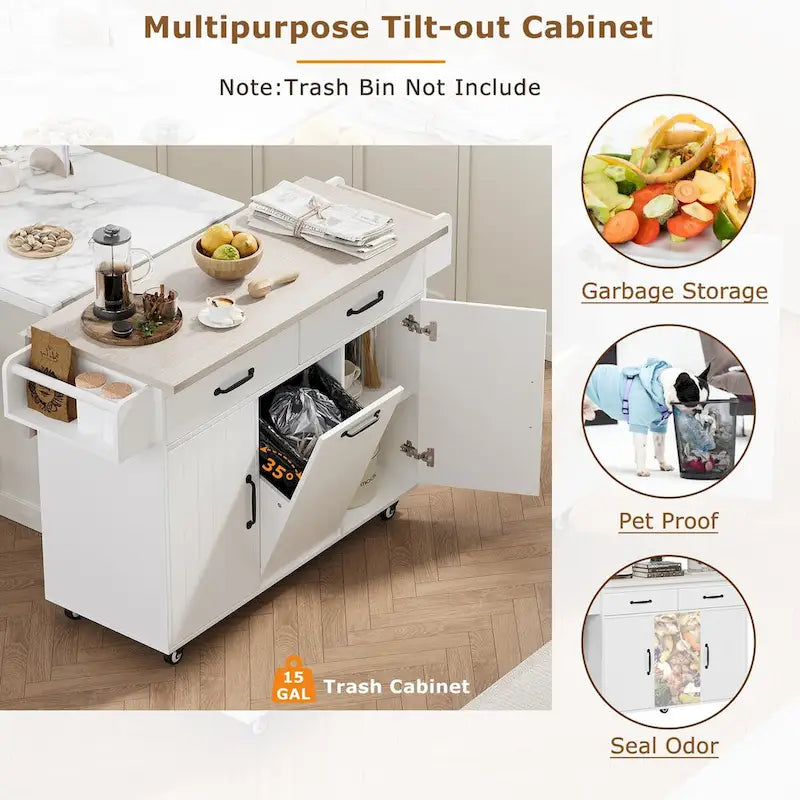 Kitchen Island with Trash Can Storage Cabinet,Kitchen Cart with Drop Leaf