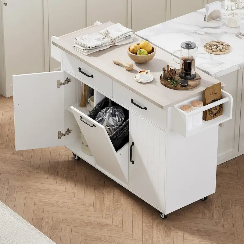Kitchen Island with Trash Can Storage Cabinet,Kitchen Cart with Drop Leaf