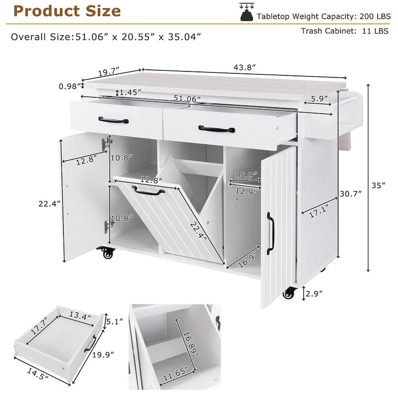 Kitchen Island with Trash Can Storage Cabinet,Kitchen Cart with Drop Leaf
