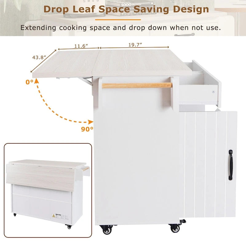 Kitchen Island with Trash Can Storage Cabinet,Kitchen Cart with Drop Leaf