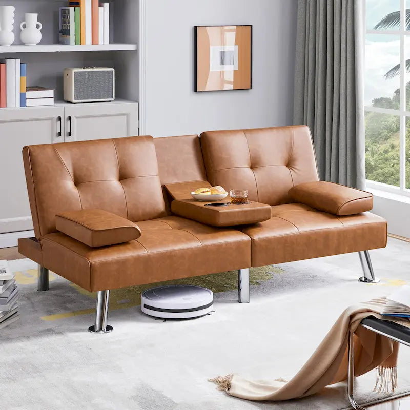 Faux Leather Convertible Futon Sofa Bed 3-In-1 Adjustable Futon Couch