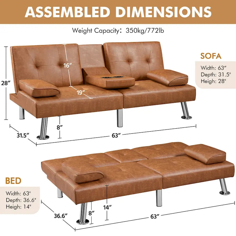 Faux Leather Convertible Futon Sofa Bed 3-In-1 Adjustable Futon Couch