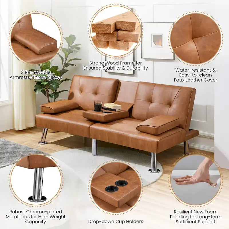 Faux Leather Convertible Futon Sofa Bed 3-In-1 Adjustable Futon Couch