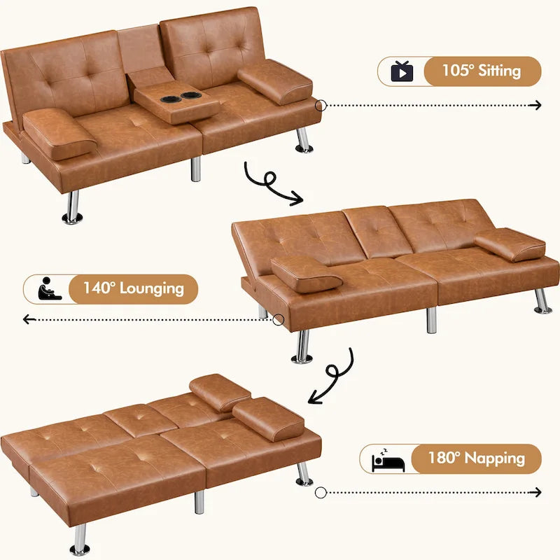 Faux Leather Convertible Futon Sofa Bed 3-In-1 Adjustable Futon Couch
