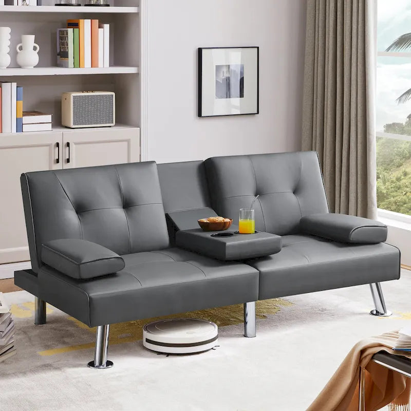 Faux Leather Convertible Futon Sofa Bed 3-In-1 Adjustable Futon Couch