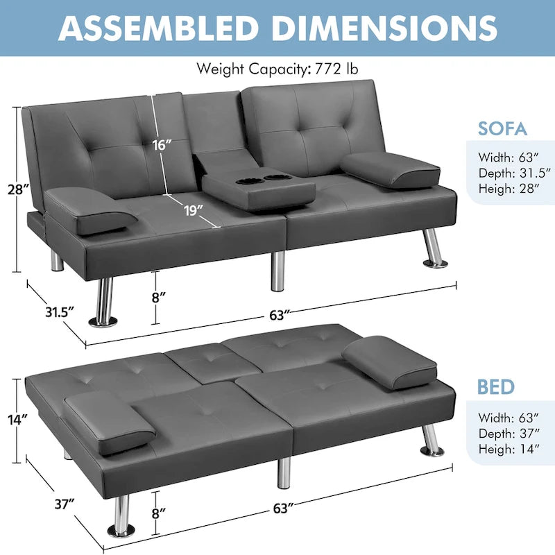 Faux Leather Convertible Futon Sofa Bed 3-In-1 Adjustable Futon Couch