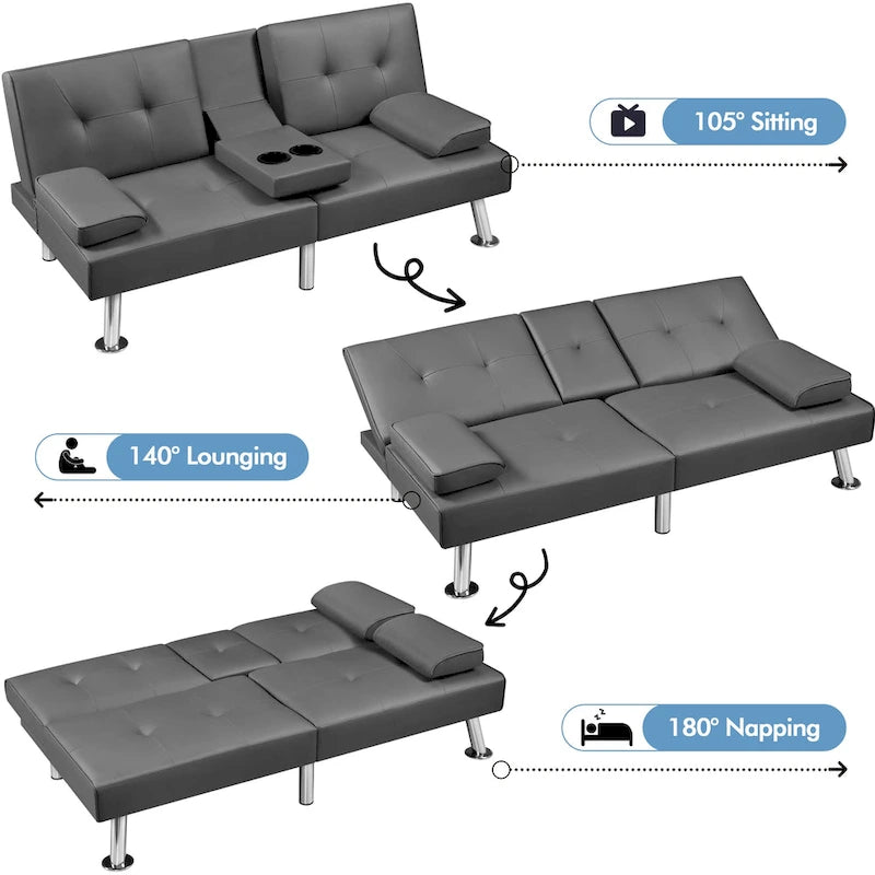 Faux Leather Convertible Futon Sofa Bed 3-In-1 Adjustable Futon Couch