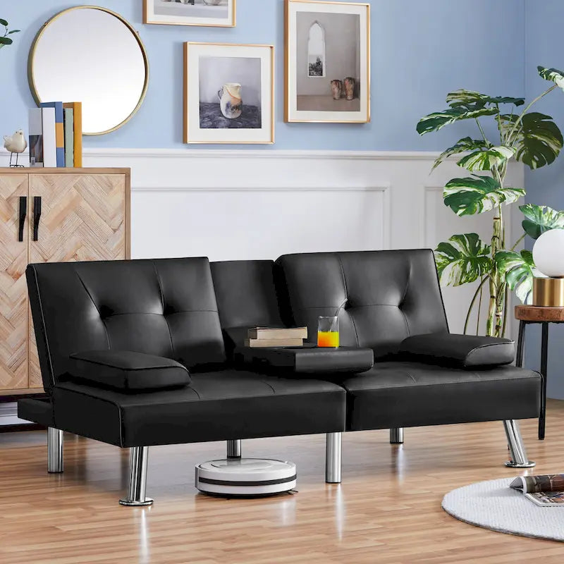 Faux Leather Convertible Futon Sofa Bed 3-In-1 Adjustable Futon Couch