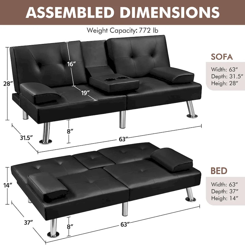 Faux Leather Convertible Futon Sofa Bed 3-In-1 Adjustable Futon Couch