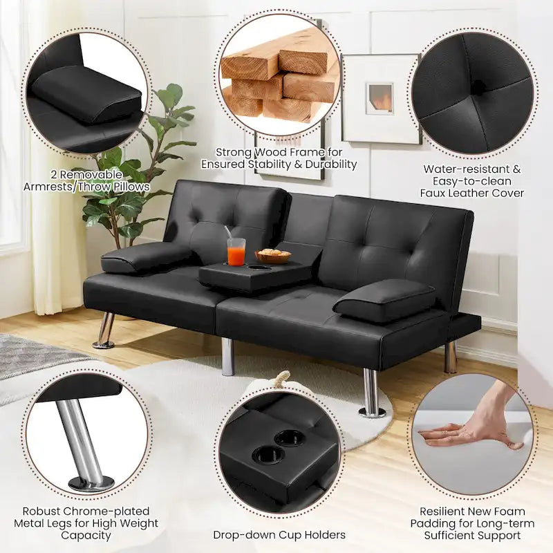 Faux Leather Convertible Futon Sofa Bed 3-In-1 Adjustable Futon Couch