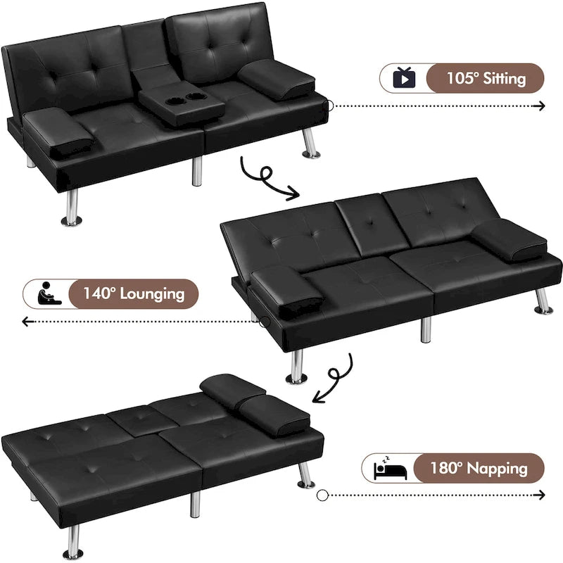 Faux Leather Convertible Futon Sofa Bed 3-In-1 Adjustable Futon Couch