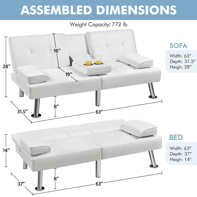 Faux Leather Convertible Futon Sofa Bed 3-In-1 Adjustable Futon Couch