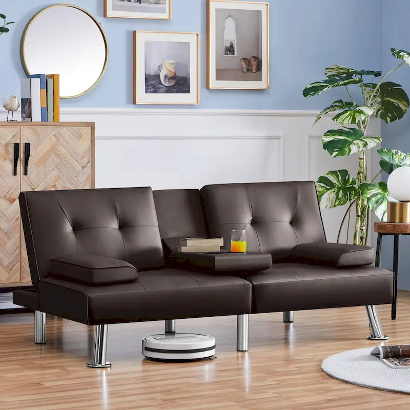 Faux Leather Convertible Futon Sofa Bed 3-In-1 Adjustable Futon Couch