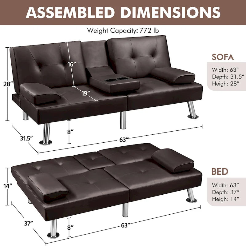 Faux Leather Convertible Futon Sofa Bed 3-In-1 Adjustable Futon Couch