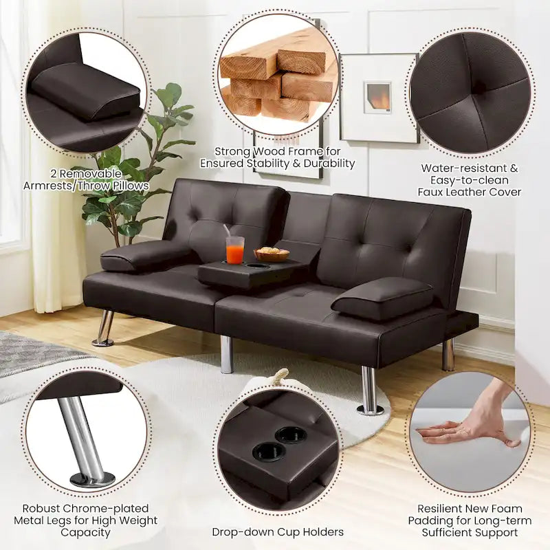 Faux Leather Convertible Futon Sofa Bed 3-In-1 Adjustable Futon Couch