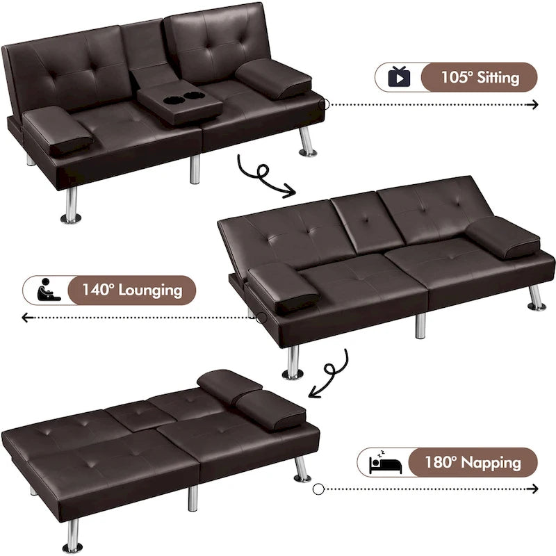 Faux Leather Convertible Futon Sofa Bed 3-In-1 Adjustable Futon Couch