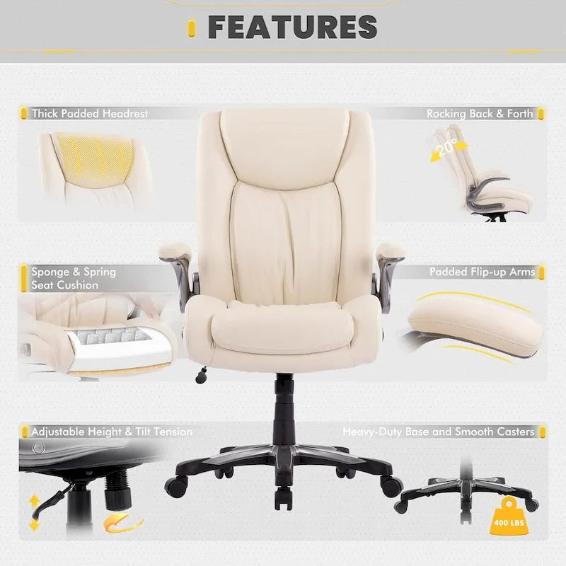 Large Heavy Duty High Back Executive Computer Office Desk Chair Flip-up Arms Wide Thick Seat for Home Office 400LBS