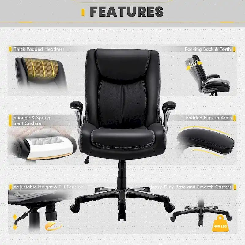 Large Heavy Duty High Back Executive Computer Office Desk Chair Flip-up Arms Wide Thick Seat for Home Office 400LBS
