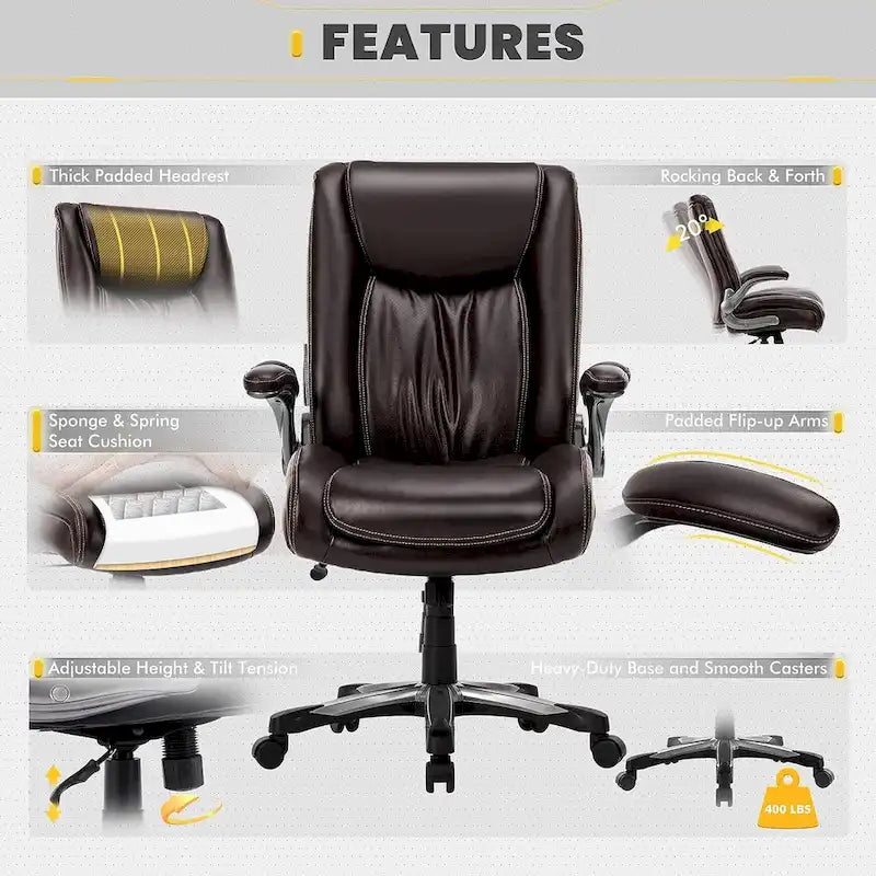 Large Heavy Duty High Back Executive Computer Office Desk Chair Flip-up Arms Wide Thick Seat for Home Office 400LBS