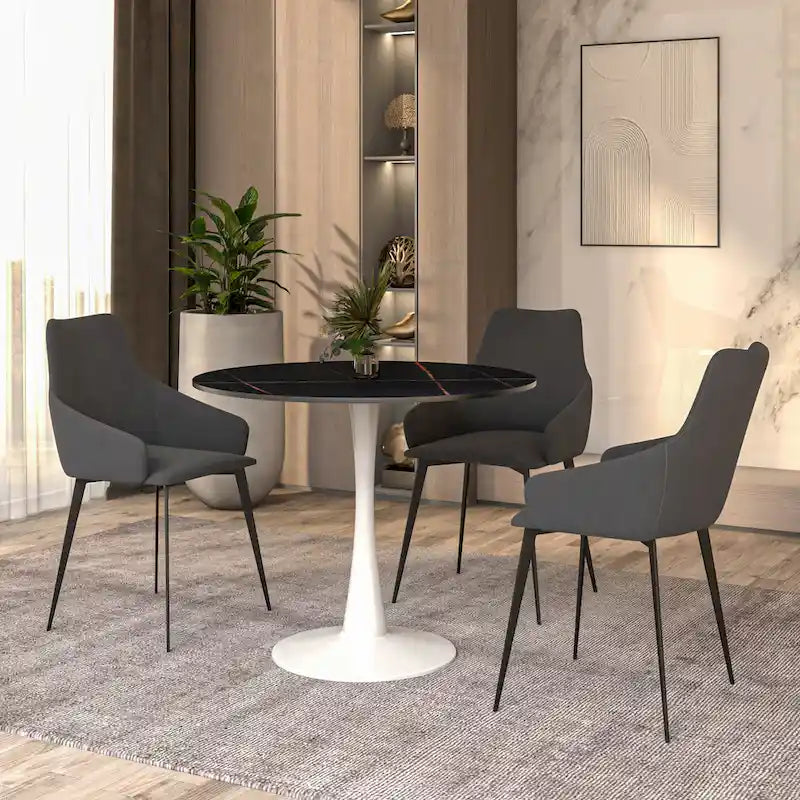 Round Dining Table for 4, 35 Sintered Stone Tabletop with White Stainless Steel Pedestal Base