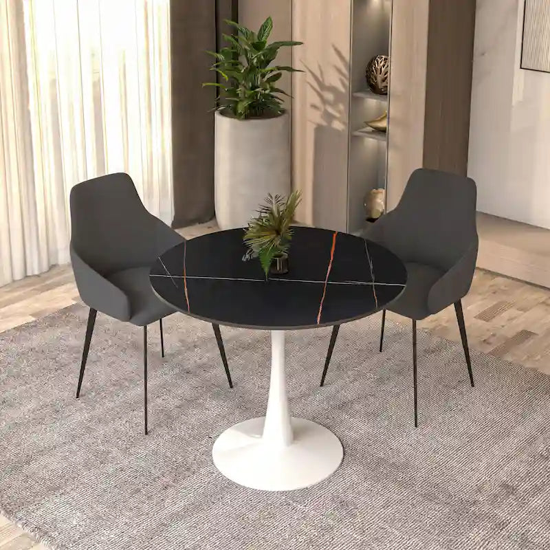 Round Dining Table for 4, 35 Sintered Stone Tabletop with White Stainless Steel Pedestal Base