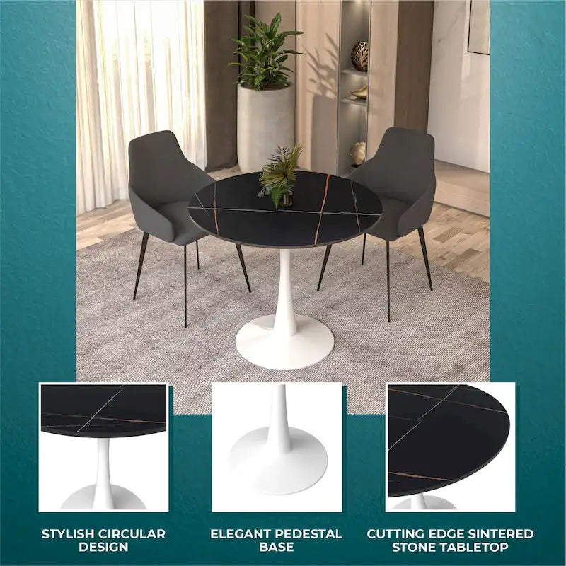 Round Dining Table for 4, 35 Sintered Stone Tabletop with White Stainless Steel Pedestal Base