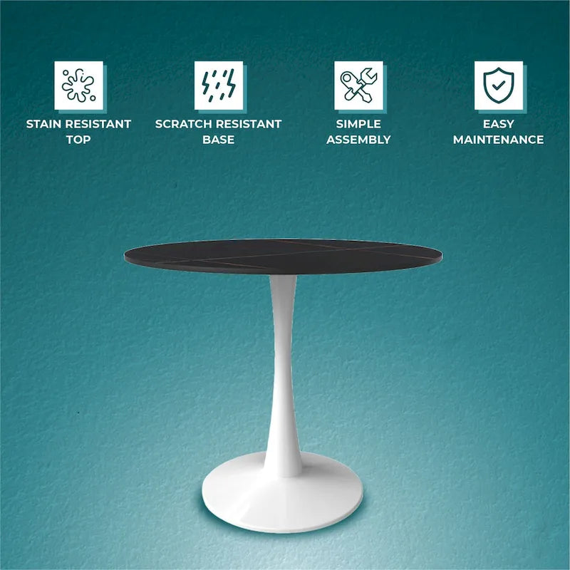 Round Dining Table for 4, 35 Sintered Stone Tabletop with White Stainless Steel Pedestal Base