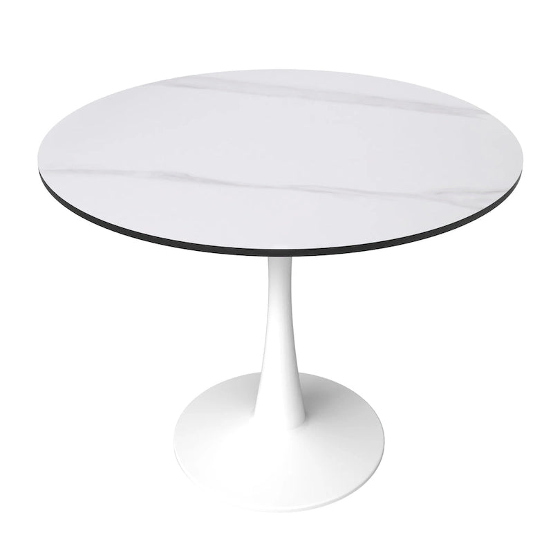 Round Dining Table for 4, 35 Sintered Stone Tabletop with White Stainless Steel Pedestal Base