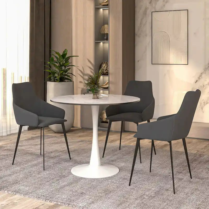 Round Dining Table for 4, 35 Sintered Stone Tabletop with White Stainless Steel Pedestal Base