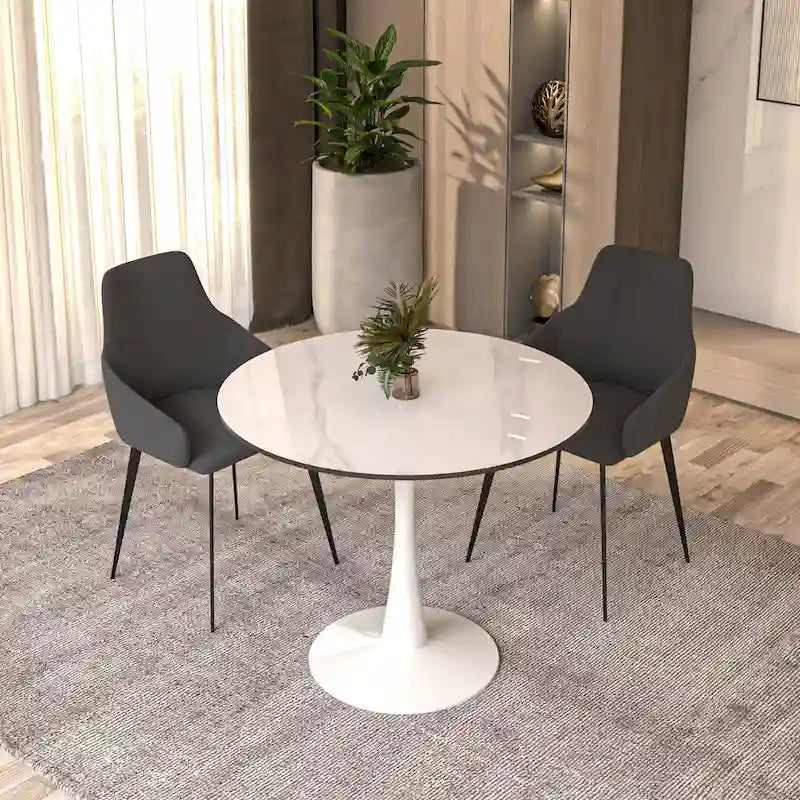 Round Dining Table for 4, 35 Sintered Stone Tabletop with White Stainless Steel Pedestal Base
