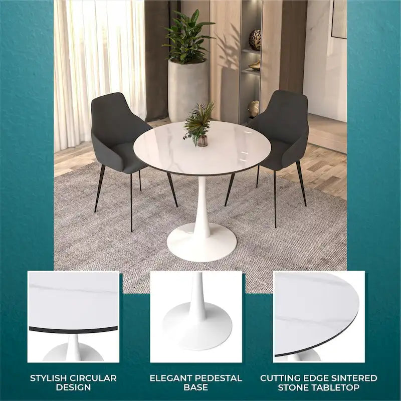 Round Dining Table for 4, 35 Sintered Stone Tabletop with White Stainless Steel Pedestal Base