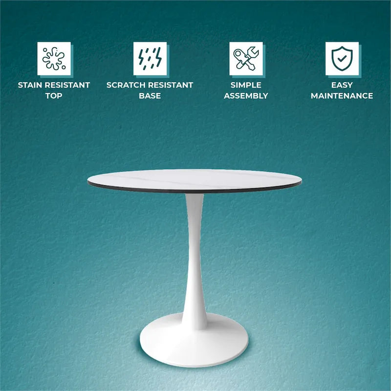 Round Dining Table for 4, 35 Sintered Stone Tabletop with White Stainless Steel Pedestal Base