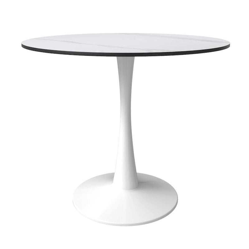 Round Dining Table for 4, 35 Sintered Stone Tabletop with White Stainless Steel Pedestal Base