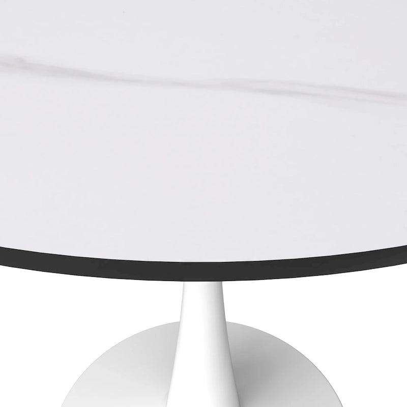 Round Dining Table for 4, 35 Sintered Stone Tabletop with White Stainless Steel Pedestal Base