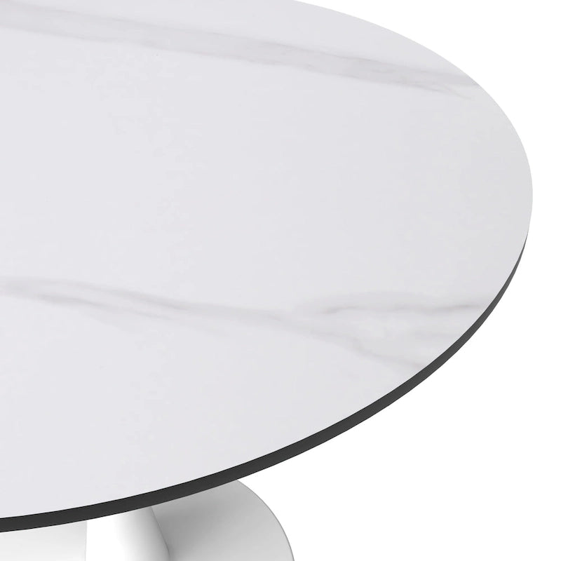 Round Dining Table for 4, 35 Sintered Stone Tabletop with White Stainless Steel Pedestal Base