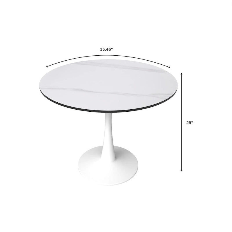 Round Dining Table for 4, 35 Sintered Stone Tabletop with White Stainless Steel Pedestal Base