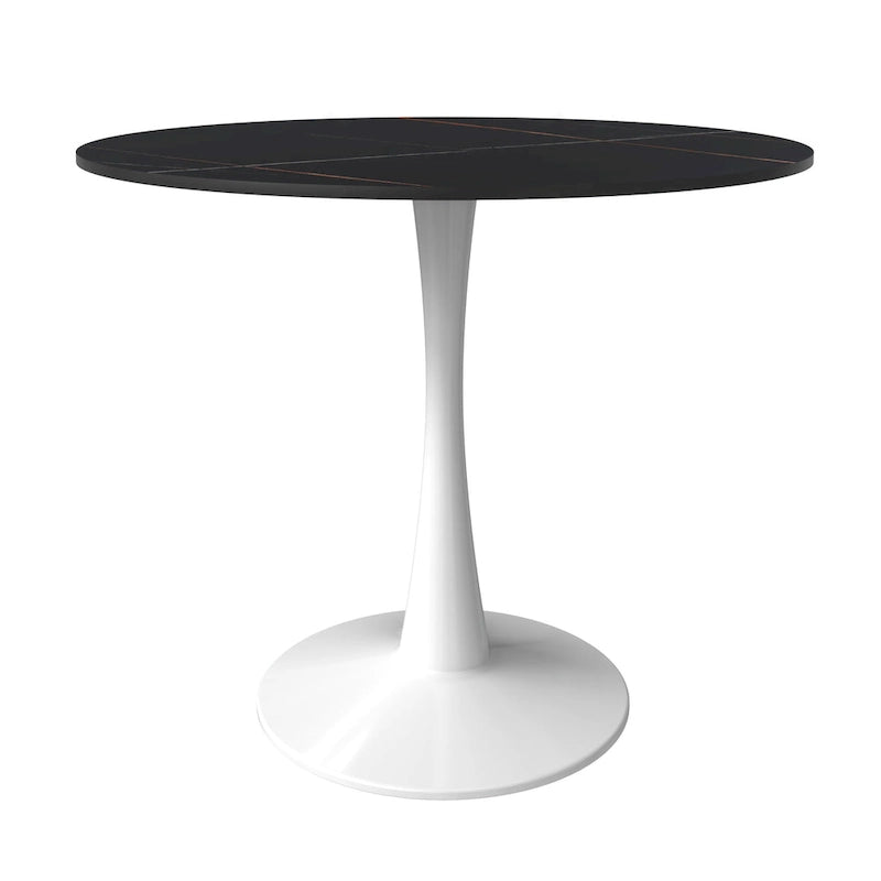 Round Dining Table for 4, 35 Sintered Stone Tabletop with White Stainless Steel Pedestal Base